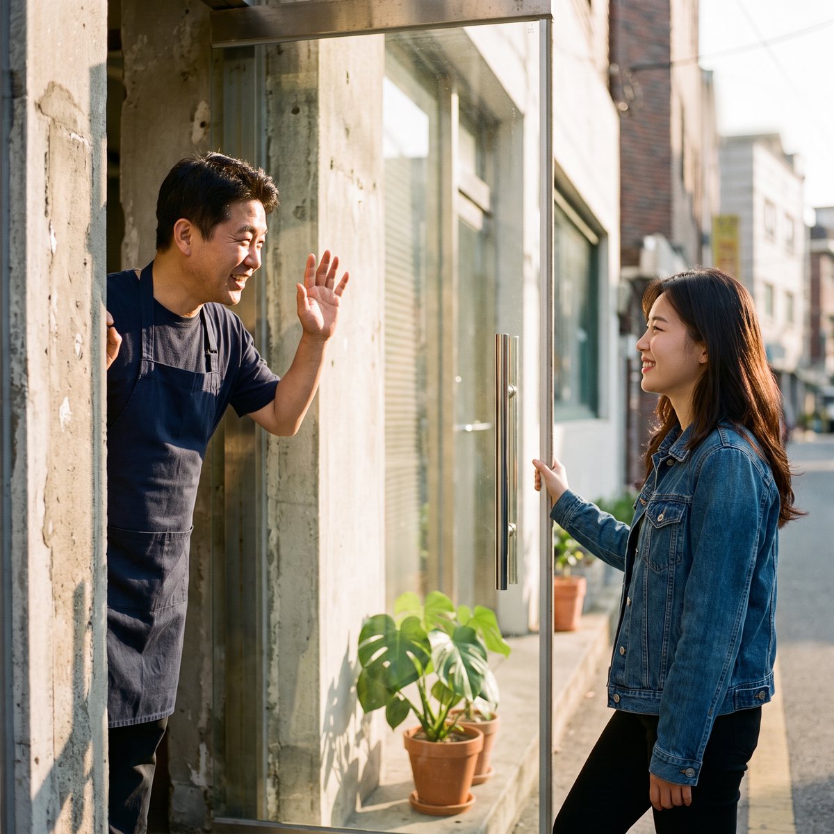 앞치마를 두른 가게 사장님이 문 앞에서 손을 흔들며, 옆 가게로 들어가려던 손님을 반갑게 부르고 있습니다.